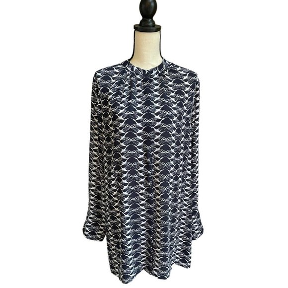 Chico's Tops - Chicos Tunic Long Blouse Womens Blue White Crane Bird Print Sleeve Top Size XL